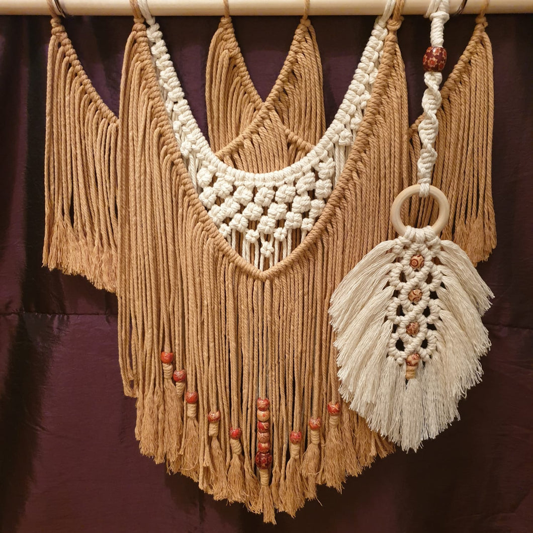 Layered Macrame Wall Hanging With Macrame Feather